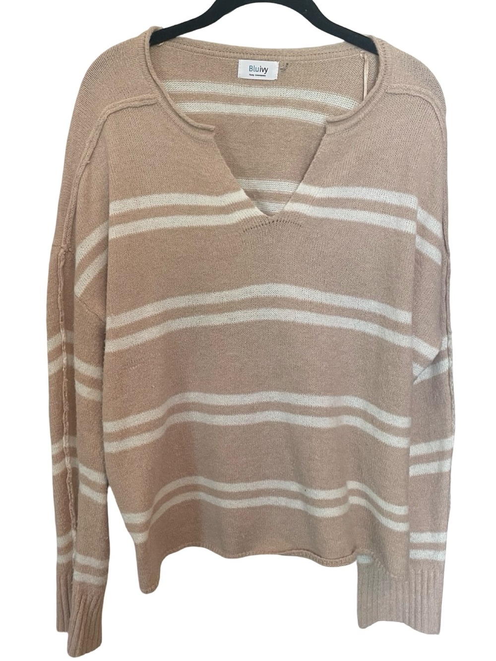 Bluivy Beige Cream Striped Split Neck Knit Sweater S/M Cozy Lightweight